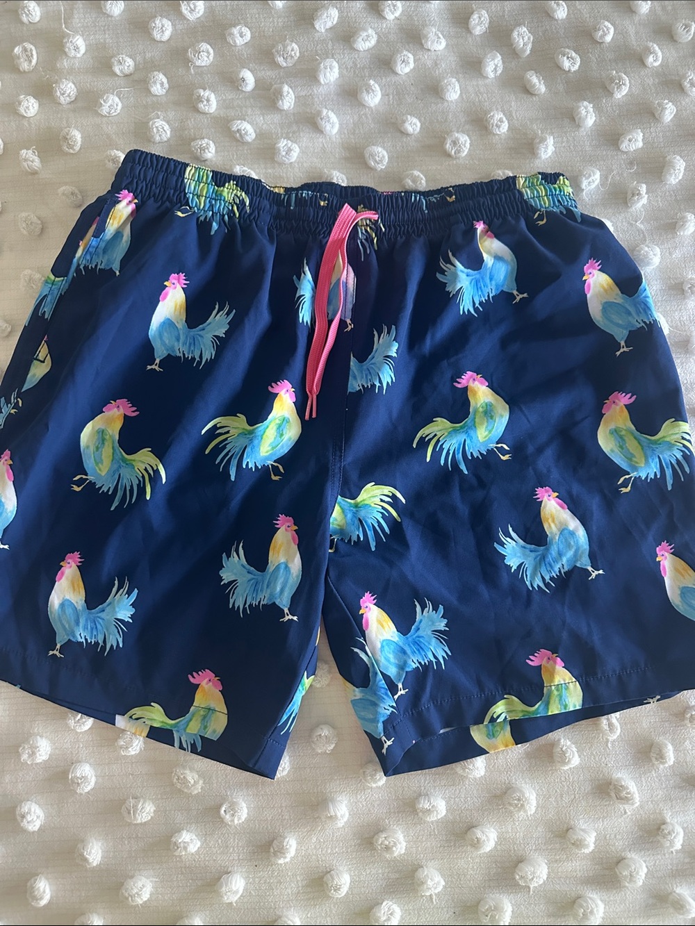 chubbies Navy Swim Trunks with Colorful Rooster Print